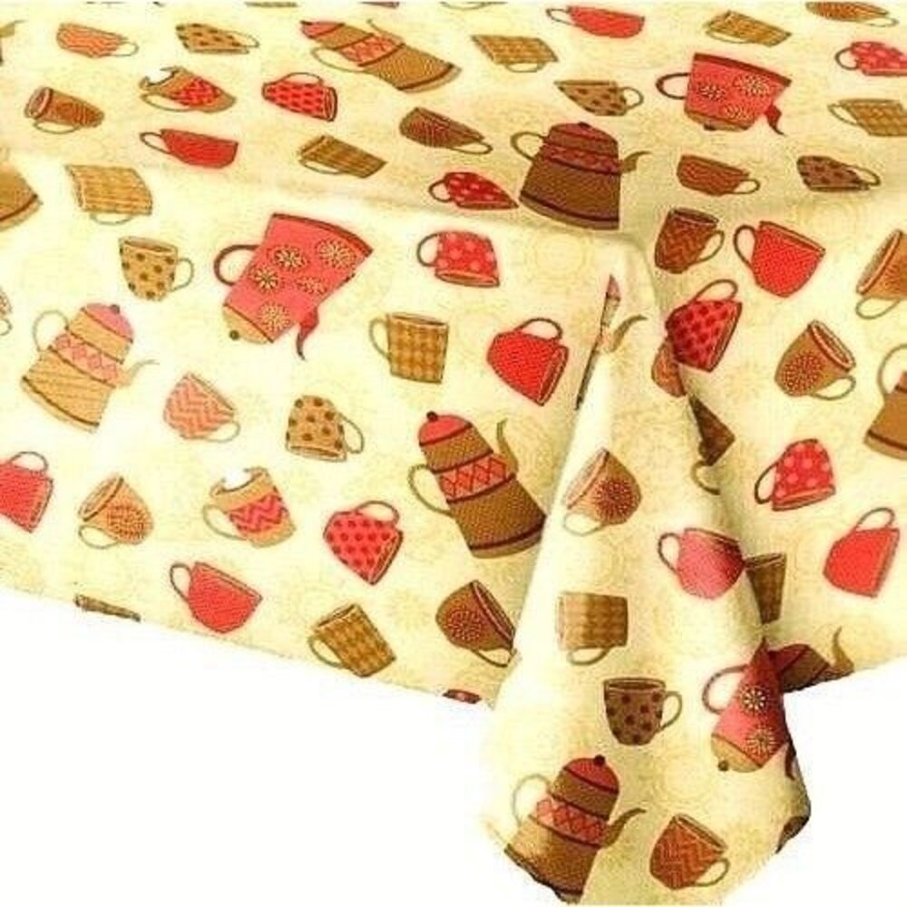 Coffeepot Coffee Mugs Tablecloth 52 x 90 Brown Red on Beige Vinyl PVC-Free NEW